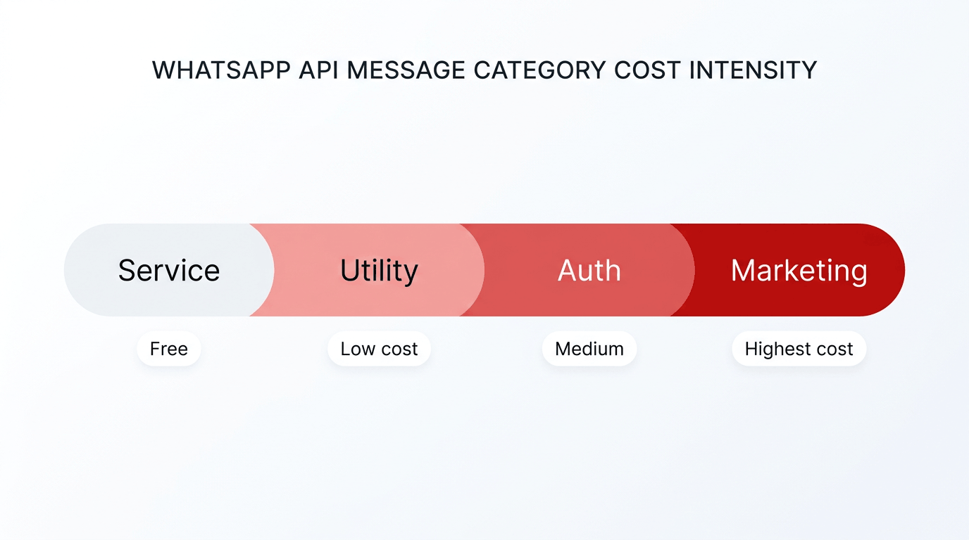 Heatmap showing WhatsApp message costs from free Service to expensive Marketing.